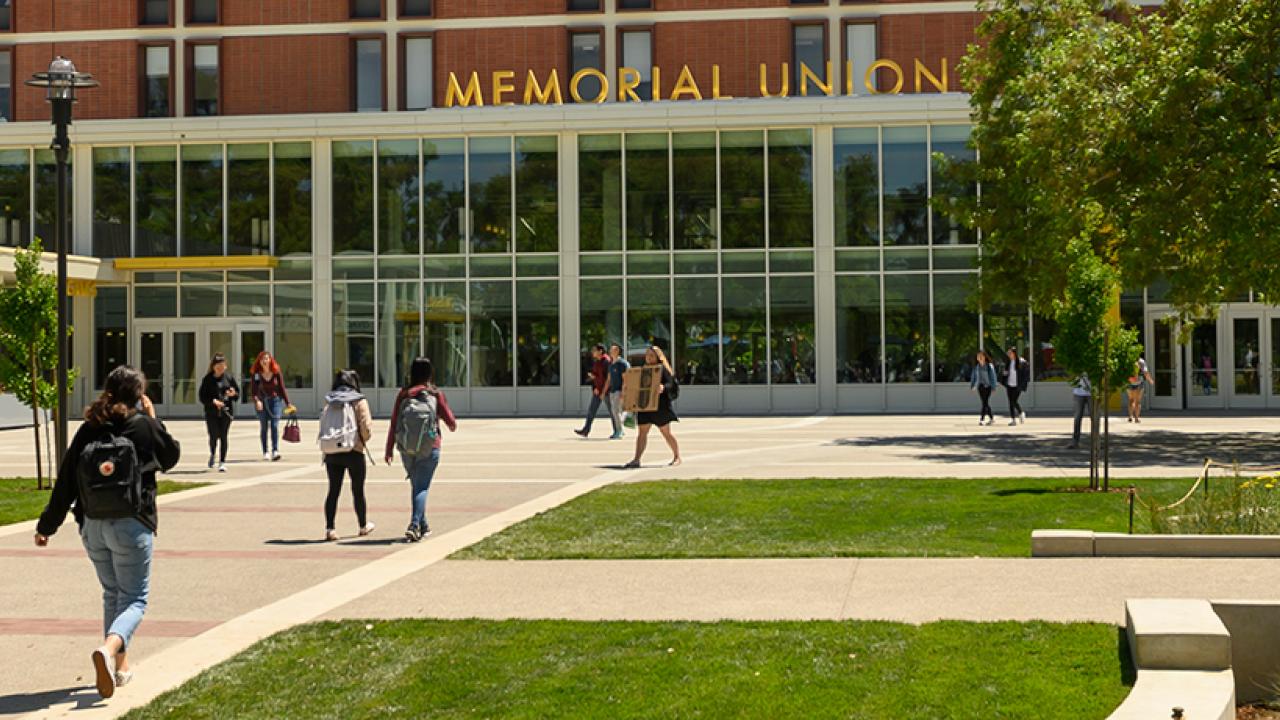 students walking into Memorial Union at UC Davis